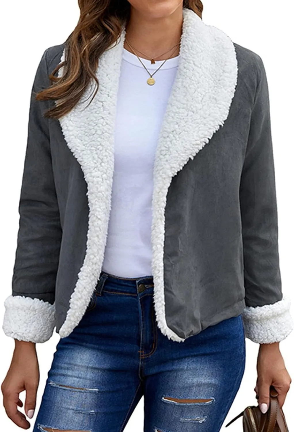 Jackets for Women Plus Size Turndown Neck Open Front Winter Coats Long Sleeve Warm Fleece Jackets Outerwear