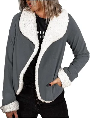 Jackets for Women Plus Size Turndown Neck Open Front Winter Coats Long Sleeve Warm Fleece Jackets Outerwear