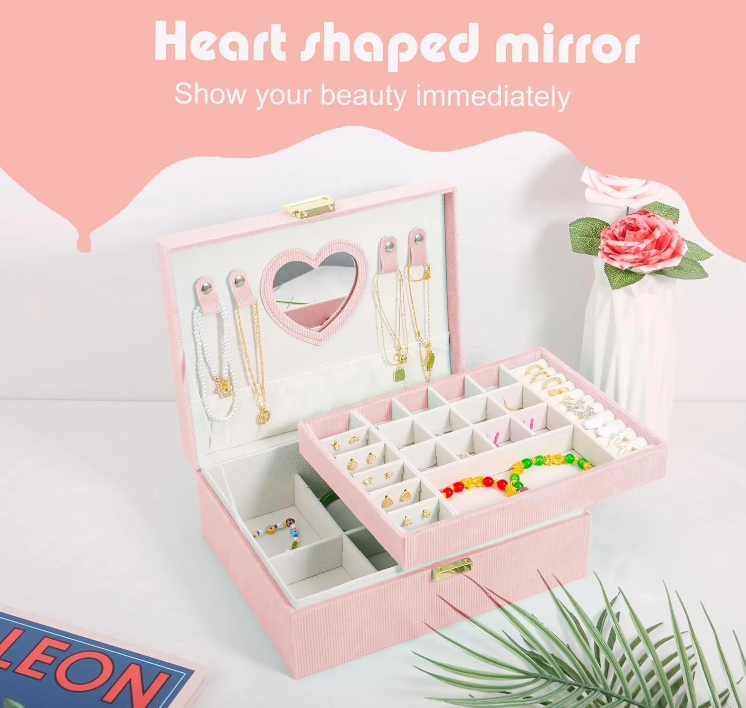 Jewelry Box Organizer for Women,Jewelry Box Ideal Gift 2-Layer Jewelry Organizer Box Large Jewelry Storage Boxes Earrings Box Case for Necklace Bracelets Storage Earrings Rings Box (Pink)