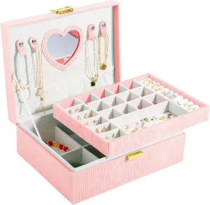 Jewelry Box Organizer for Women,Jewelry Box Ideal Gift 2-Layer Jewelry Organizer Box Large Jewelry Storage Boxes Earrings Box Case for Necklace Bracelets Storage Earrings Rings Box (Pink)