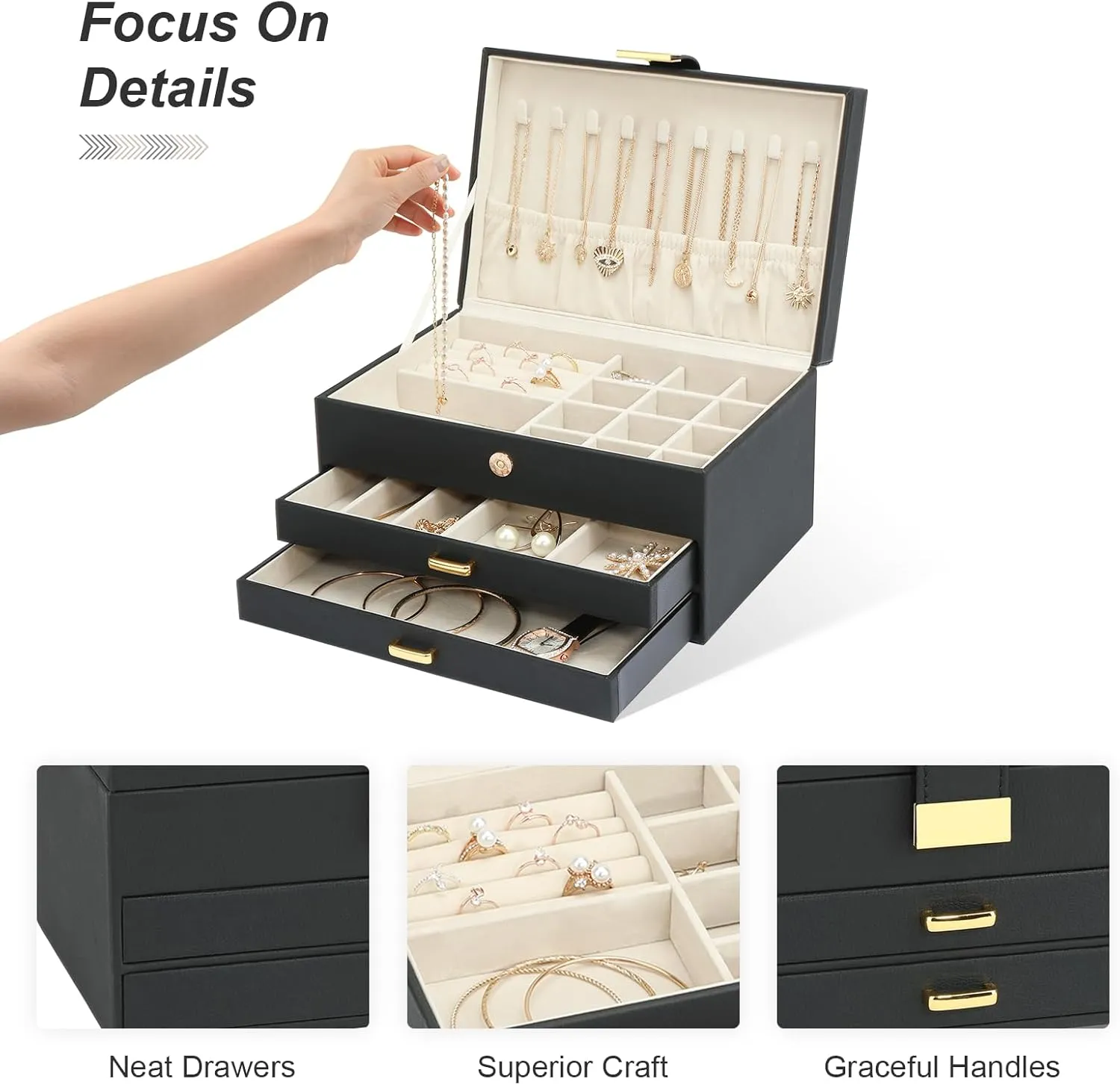 Jewelry Boxes for Women, Jewelry Holder Organizer for Christmas Gift, Jewelry Boxes & Organizers for Rings Earring Necklace Bracelet Watch, Black