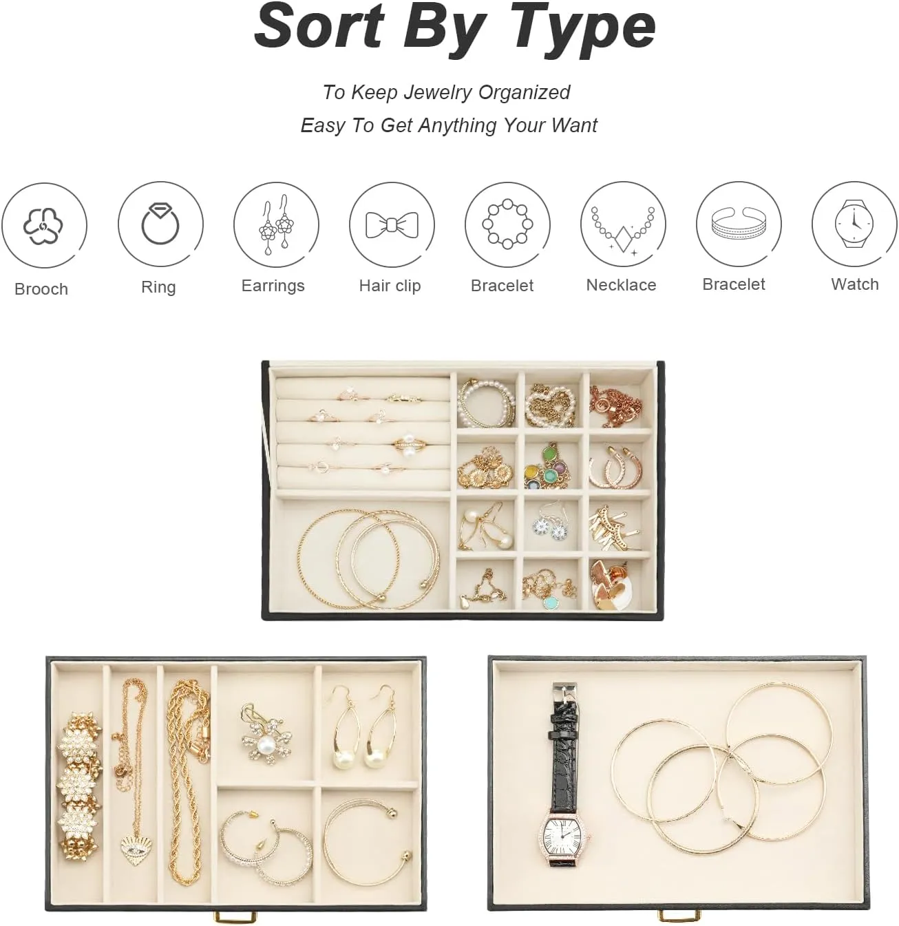 Jewelry Boxes for Women, Jewelry Holder Organizer for Christmas Gift, Jewelry Boxes & Organizers for Rings Earring Necklace Bracelet Watch, Black