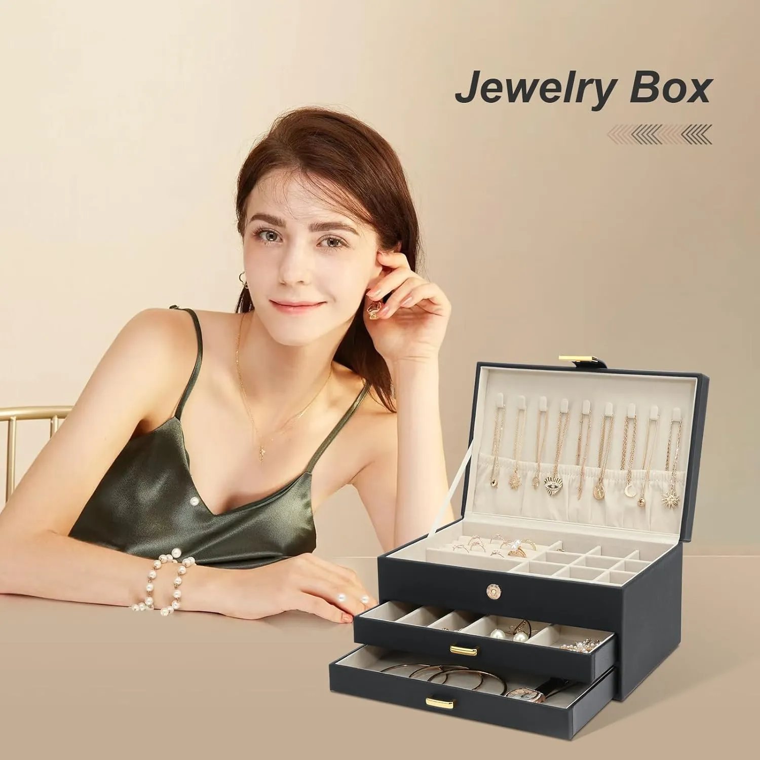 Jewelry Boxes for Women, Jewelry Holder Organizer for Christmas Gift, Jewelry Boxes & Organizers for Rings Earring Necklace Bracelet Watch, Black