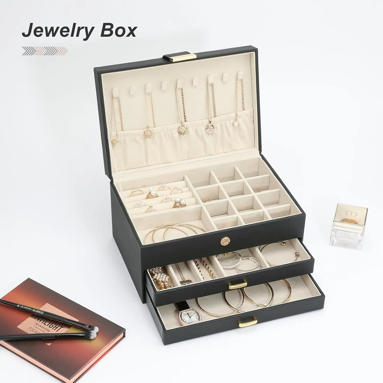 Jewelry Boxes for Women, Jewelry Holder Organizer for Christmas Gift, Jewelry Boxes & Organizers for Rings Earring Necklace Bracelet Watch, Black