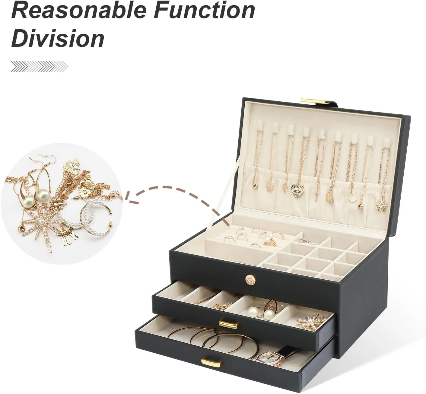 Jewelry Boxes for Women, Jewelry Holder Organizer for Christmas Gift, Jewelry Boxes & Organizers for Rings Earring Necklace Bracelet Watch, Black