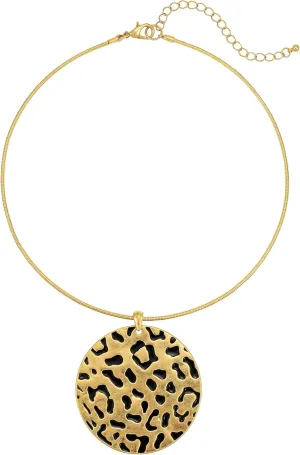 Jewelry Leopard-Printed Disc Pendant Necklace, Women's Fashion Jewelry- Gold Tone