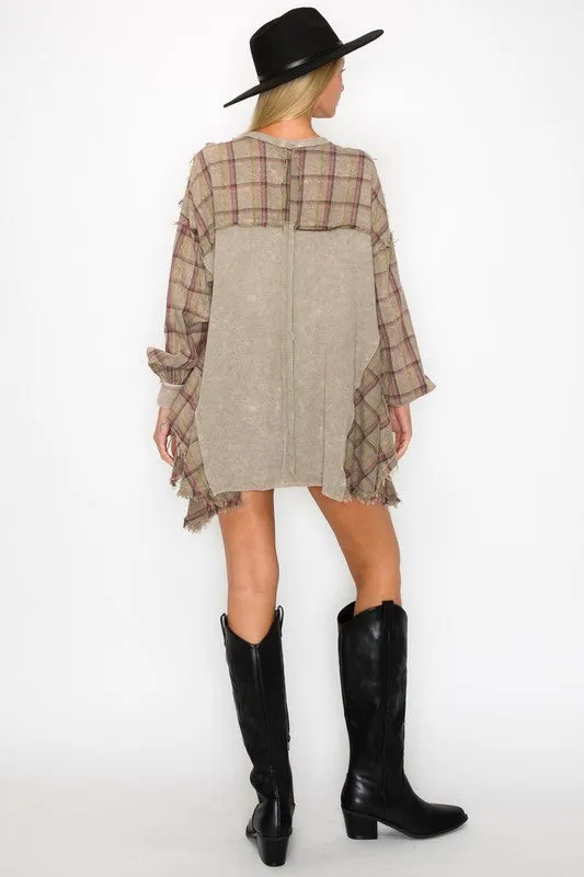 J.Her Thermal Knit and Plaid Print Top in Vintage Olive