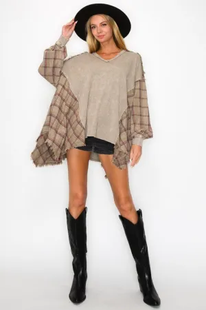 J.Her Thermal Knit and Plaid Print Top in Vintage Olive