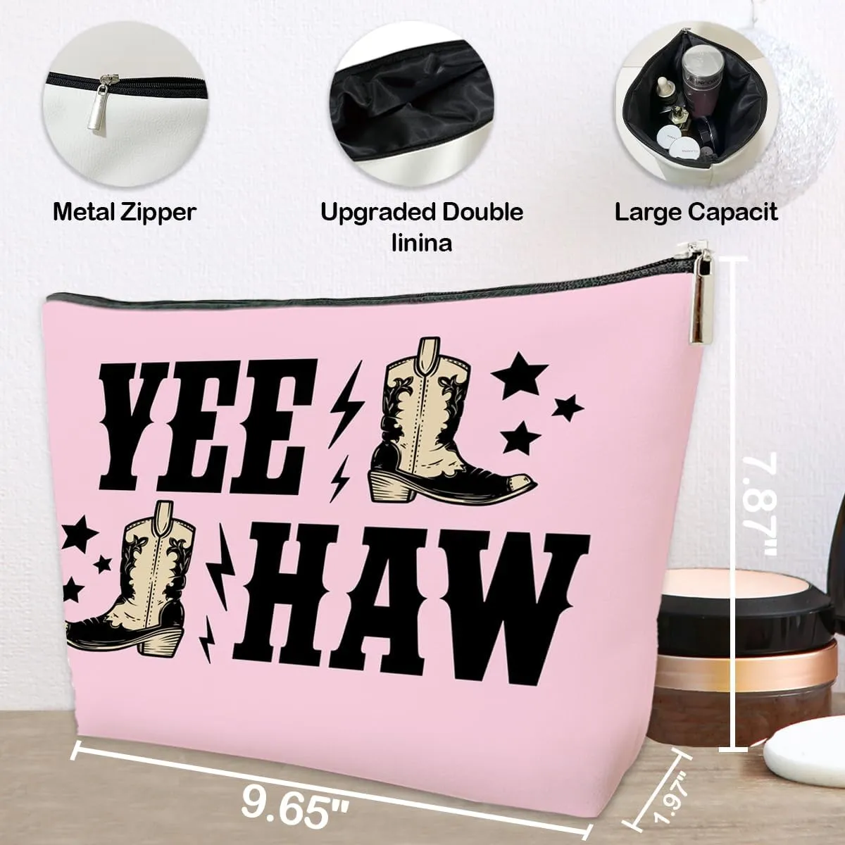JioJio Chan Western Makeup Bag, Yee Haw Coquette Pink PU Leather Makeup Cosmetic Bag for Purse, Gifts for Women, Cowgirl, Western Cowgirl Stuff for Women, Country Girl Gifts Pouch