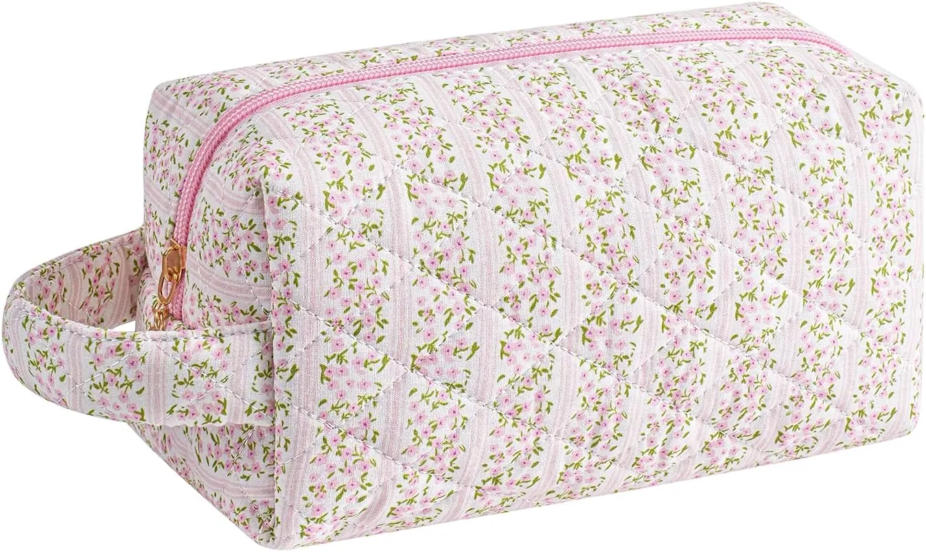 JOVAKIT Travel Makeup Bag Cosmetic Bag for Women, Christmas Gifts, Small Floral Flowers Coquette Toiletry Bag with Handle, Zipper Make Up Pouch Organizer Bag Trendy Stuff (Pink Floral)