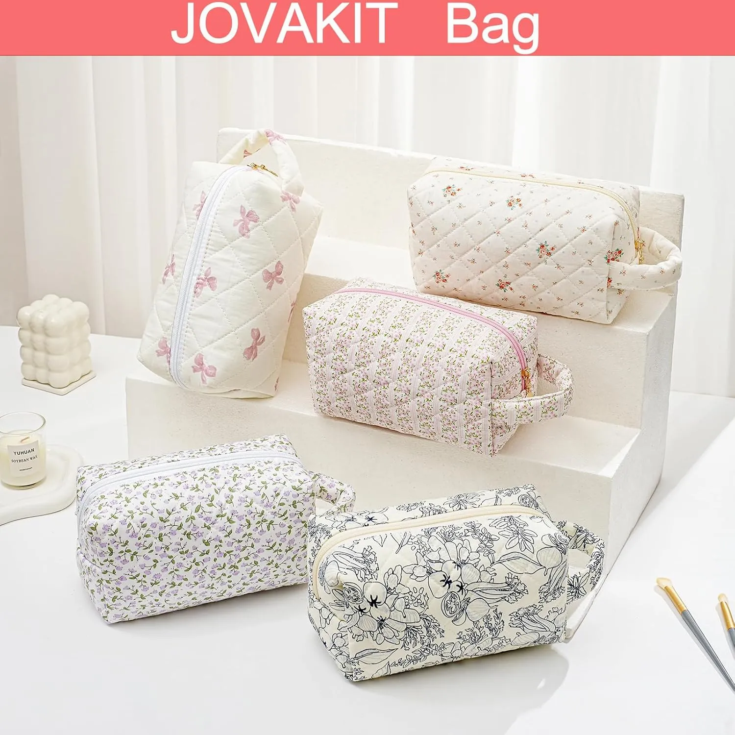 JOVAKIT Travel Makeup Bag Cosmetic Bag for Women, Christmas Gifts, Small Floral Flowers Coquette Toiletry Bag with Handle, Zipper Make Up Pouch Organizer Bag Trendy Stuff (Pink Floral)