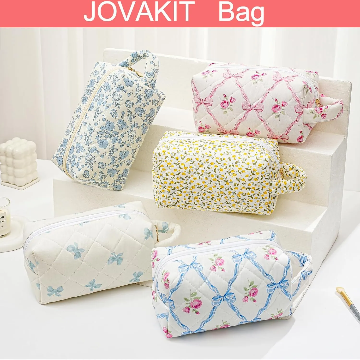 JOVAKIT Travel Makeup Bag Cosmetic Bag for Women, Christmas Gifts, Small Floral Flowers Coquette Toiletry Bag with Handle, Zipper Make Up Pouch Organizer Bag Trendy Stuff (Pink Floral)