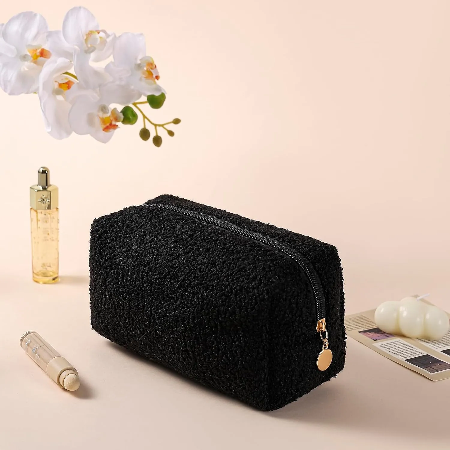 JOVAKIT Travel Makeup Bag Cosmetic Bag for Women, Fashion Christmas Gifts, Plush Zipper Make Up Pouch, Large Capacity Toiletry Organizer Makeup, Portable Storage Bag Trendy Stuff (Black)