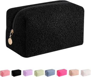 JOVAKIT Travel Makeup Bag Cosmetic Bag for Women, Fashion Christmas Gifts, Plush Zipper Make Up Pouch, Large Capacity Toiletry Organizer Makeup, Portable Storage Bag Trendy Stuff (Black)
