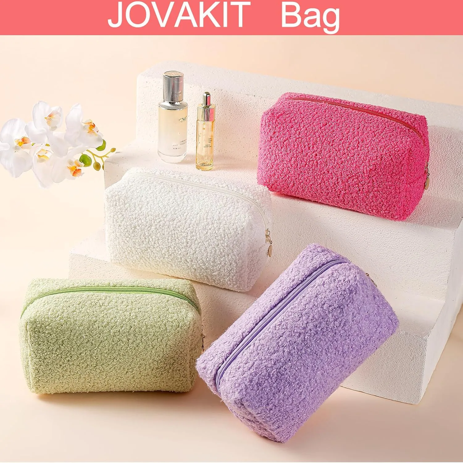 JOVAKIT Travel Makeup Bag Cosmetic Bag for Women, Fashion Christmas Gifts, Plush Zipper Make Up Pouch, Large Capacity Toiletry Organizer Makeup, Portable Storage Bag Trendy Stuff (Black)