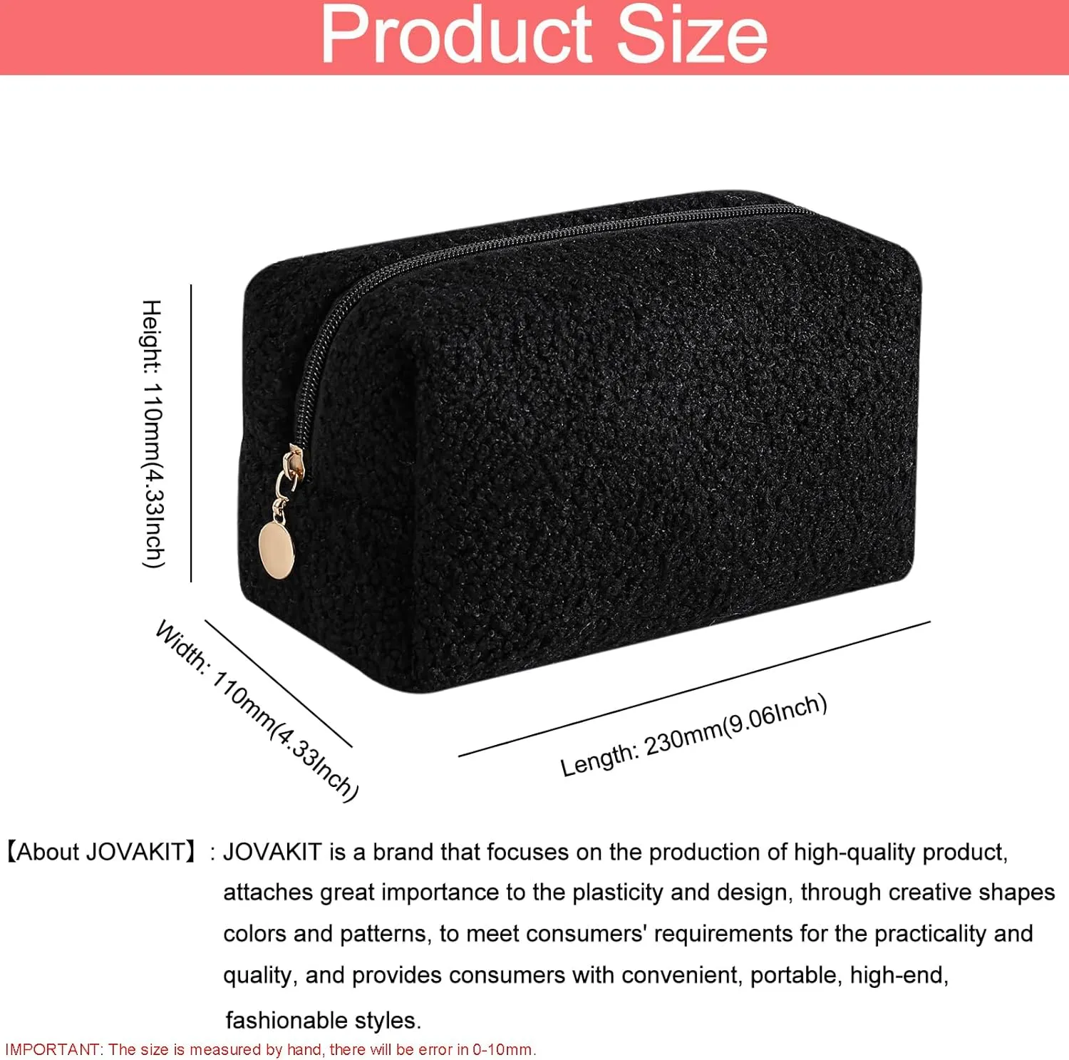 JOVAKIT Travel Makeup Bag Cosmetic Bag for Women, Fashion Christmas Gifts, Plush Zipper Make Up Pouch, Large Capacity Toiletry Organizer Makeup, Portable Storage Bag Trendy Stuff (Black)