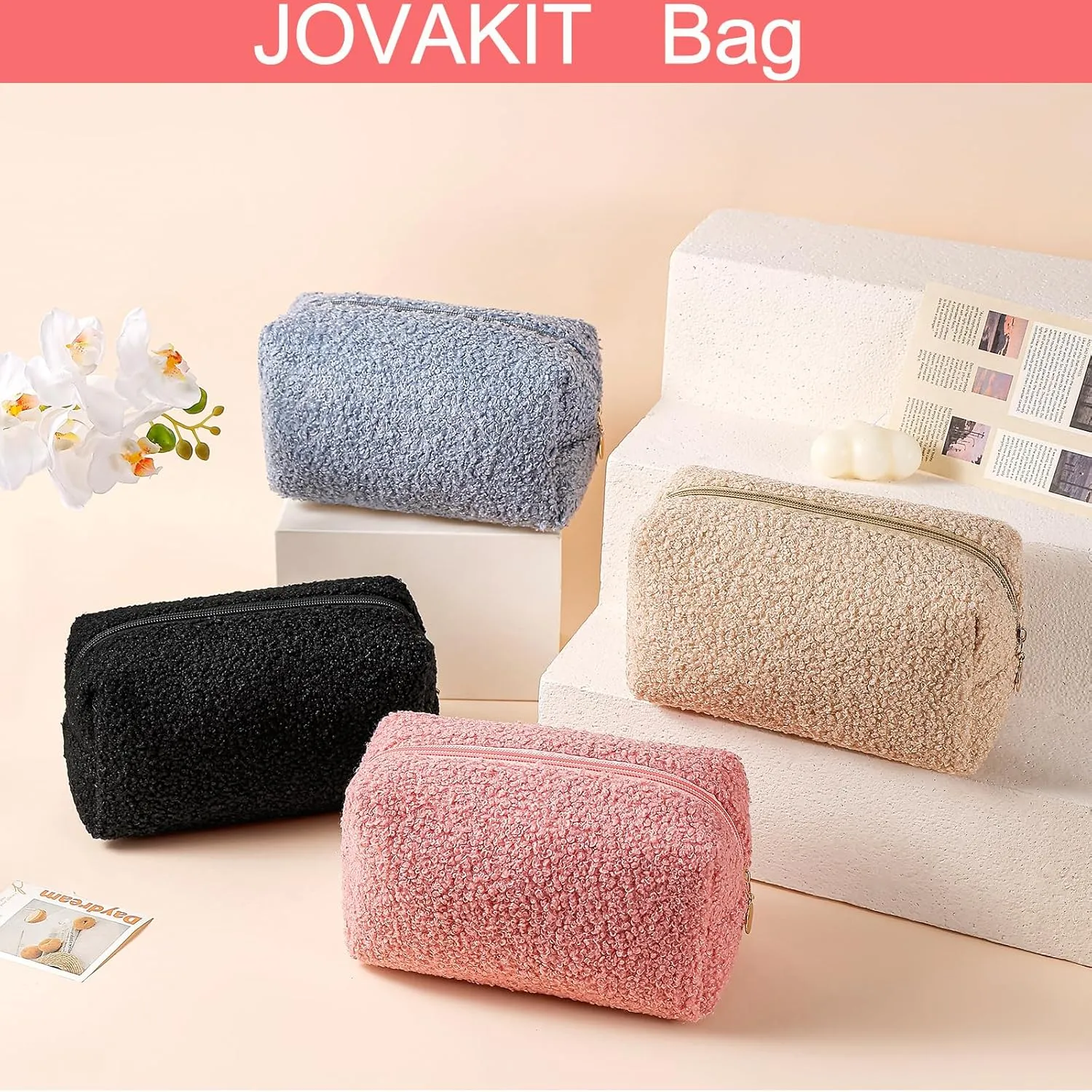 JOVAKIT Travel Makeup Bag Cosmetic Bag for Women, Fashion Christmas Gifts, Plush Zipper Make Up Pouch, Large Capacity Toiletry Organizer Makeup, Portable Storage Bag Trendy Stuff (Black)