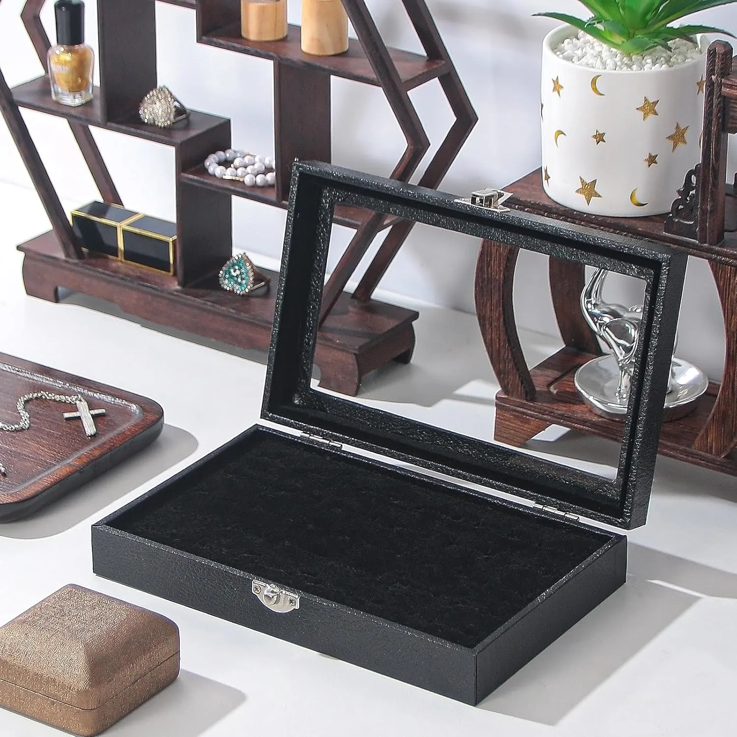 Julysky Rings Organizer Tray, Velvet Jewelry Ring Storage Box with Transparent lid Jewelry Ring Box,Jewelry Display Case (Black, 30 Slots)