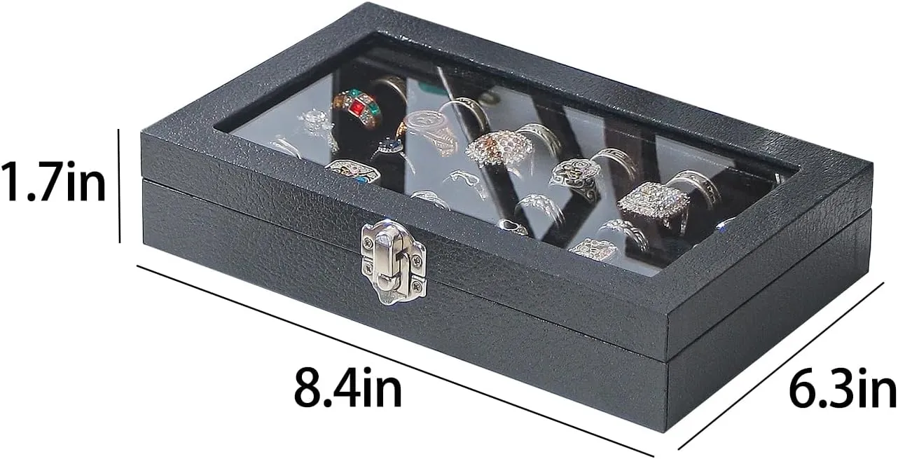 Julysky Rings Organizer Tray, Velvet Jewelry Ring Storage Box with Transparent lid Jewelry Ring Box,Jewelry Display Case (Black, 30 Slots)