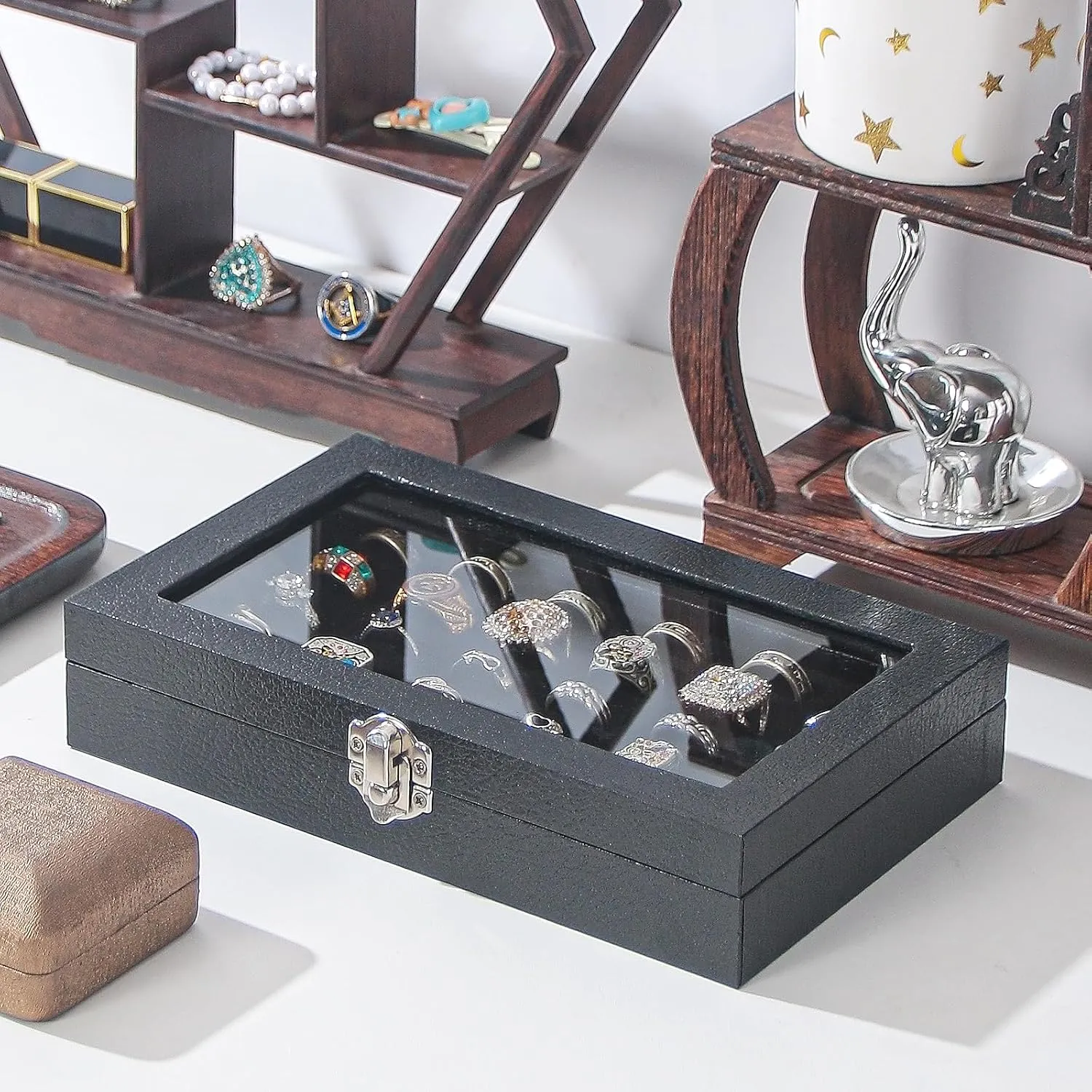 Julysky Rings Organizer Tray, Velvet Jewelry Ring Storage Box with Transparent lid Jewelry Ring Box,Jewelry Display Case (Black, 30 Slots)
