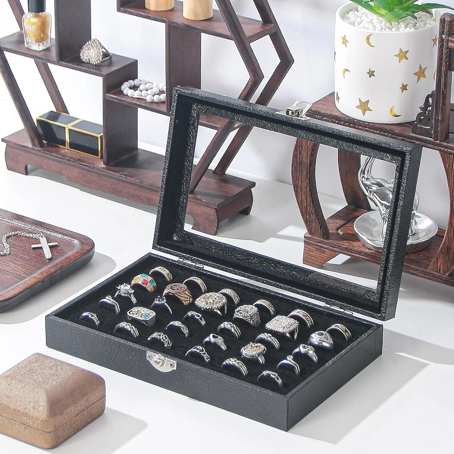 Julysky Rings Organizer Tray, Velvet Jewelry Ring Storage Box with Transparent lid Jewelry Ring Box,Jewelry Display Case (Black, 30 Slots)