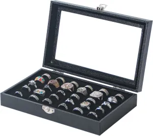 Julysky Rings Organizer Tray, Velvet Jewelry Ring Storage Box with Transparent lid Jewelry Ring Box,Jewelry Display Case (Black, 30 Slots)