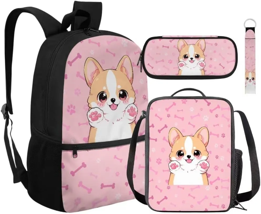 Kuiaobaty Dog Toddler Backpack and Lunch Box Set Lovely School Bag for Kids Portable Shoudler Bag with Zipper Large Capacity Book Bag with Pencil Box Fashion Key Chain Gift for Holiday