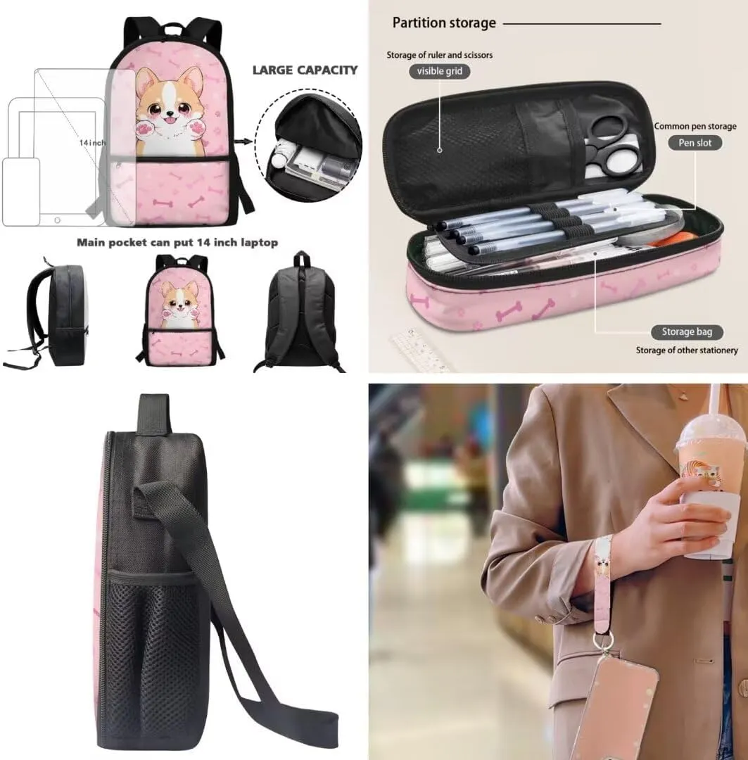 Kuiaobaty Dog Toddler Backpack and Lunch Box Set Lovely School Bag for Kids Portable Shoudler Bag with Zipper Large Capacity Book Bag with Pencil Box Fashion Key Chain Gift for Holiday