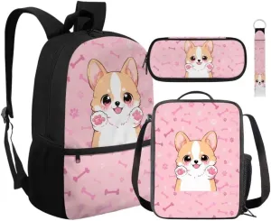 Kuiaobaty Dog Toddler Backpack and Lunch Box Set Lovely School Bag for Kids Portable Shoudler Bag with Zipper Large Capacity Book Bag with Pencil Box Fashion Key Chain Gift for Holiday