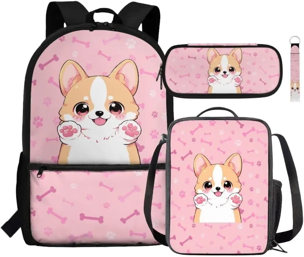 Kuiaobaty Dog Toddler Backpack and Lunch Box Set Lovely School Bag for Kids Portable Shoudler Bag with Zipper Large Capacity Book Bag with Pencil Box Fashion Key Chain Gift for Holiday