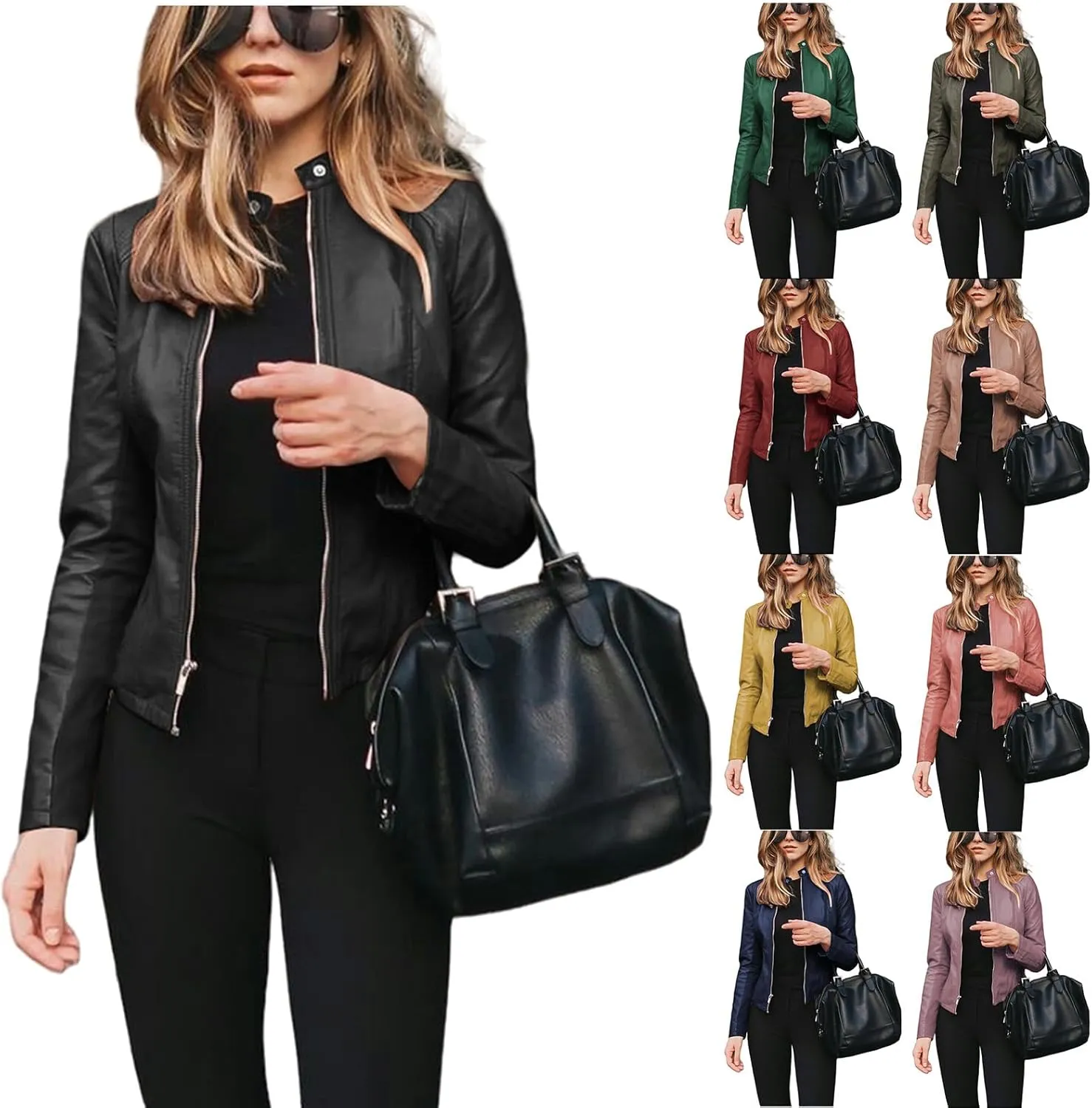 Leather Jacket for Women 2024 Fall Cropped Zip Up Motorcycle Jacket Lightweight Slim Solid Color Coat Outwear