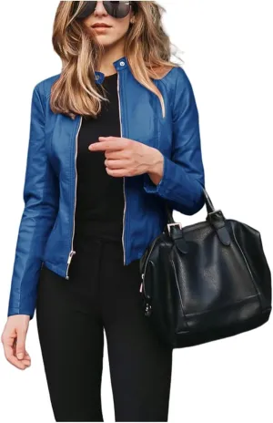 Leather Jacket for Women 2024 Fall Cropped Zip Up Motorcycle Jacket Lightweight Slim Solid Color Coat Outwear