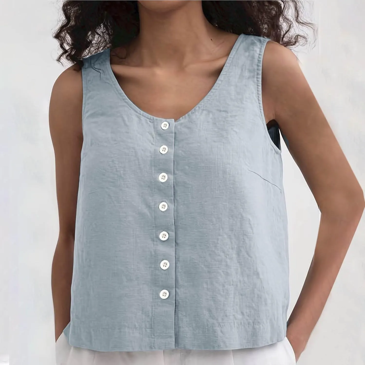 Linen Tank Tops for Women Summer Tops for Women Button Up Sleeveless V Neck Tshirt Loose Fit Casual Tank Tunic Blouse