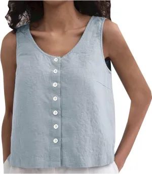 Linen Tank Tops for Women Summer Tops for Women Button Up Sleeveless V Neck Tshirt Loose Fit Casual Tank Tunic Blouse