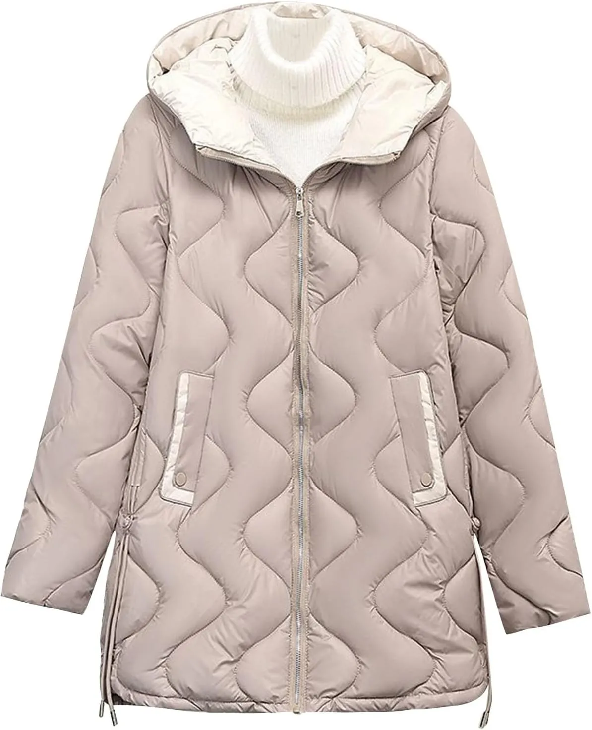 Long Windproof Puffer Down Jackets Lightweight Hooded Quilted Jackets Winter Warm Full Zip Up Padded Trench Coats