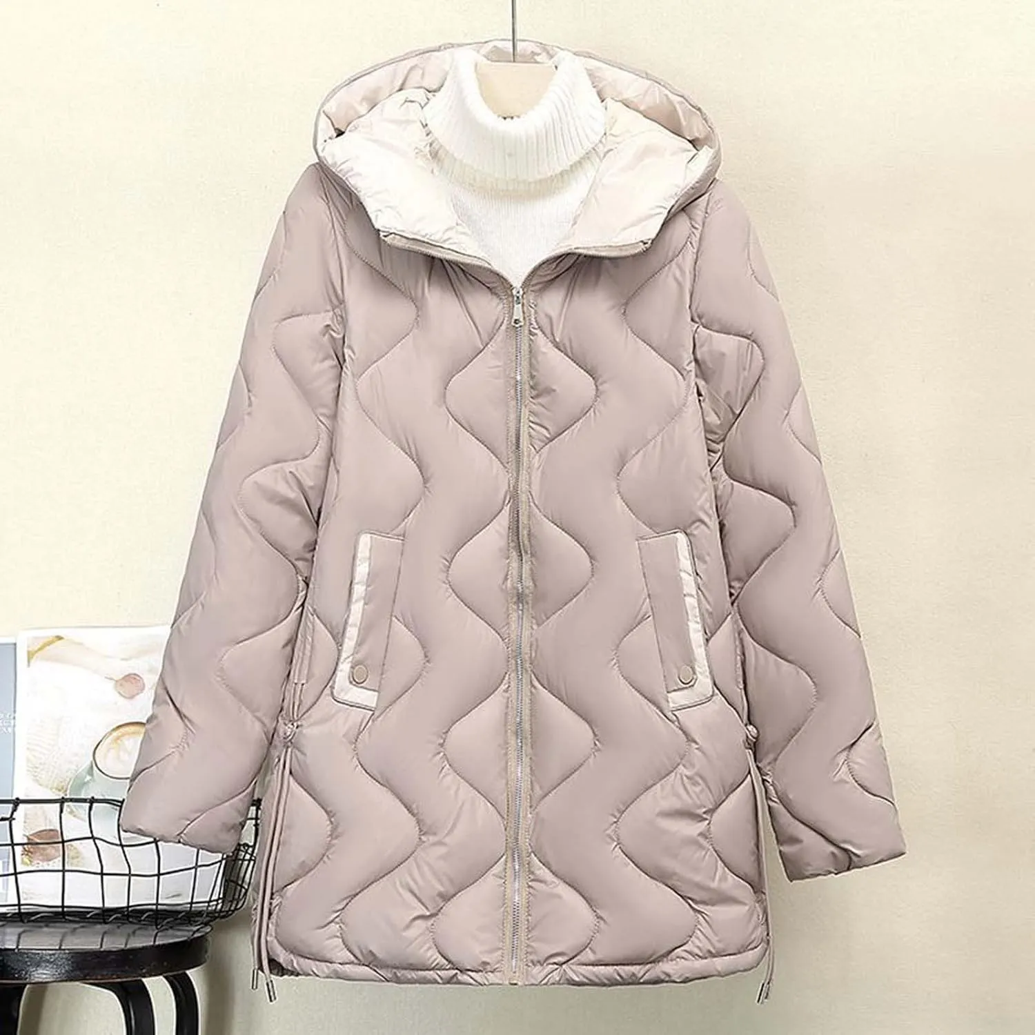 Long Windproof Puffer Down Jackets Lightweight Hooded Quilted Jackets Winter Warm Full Zip Up Padded Trench Coats