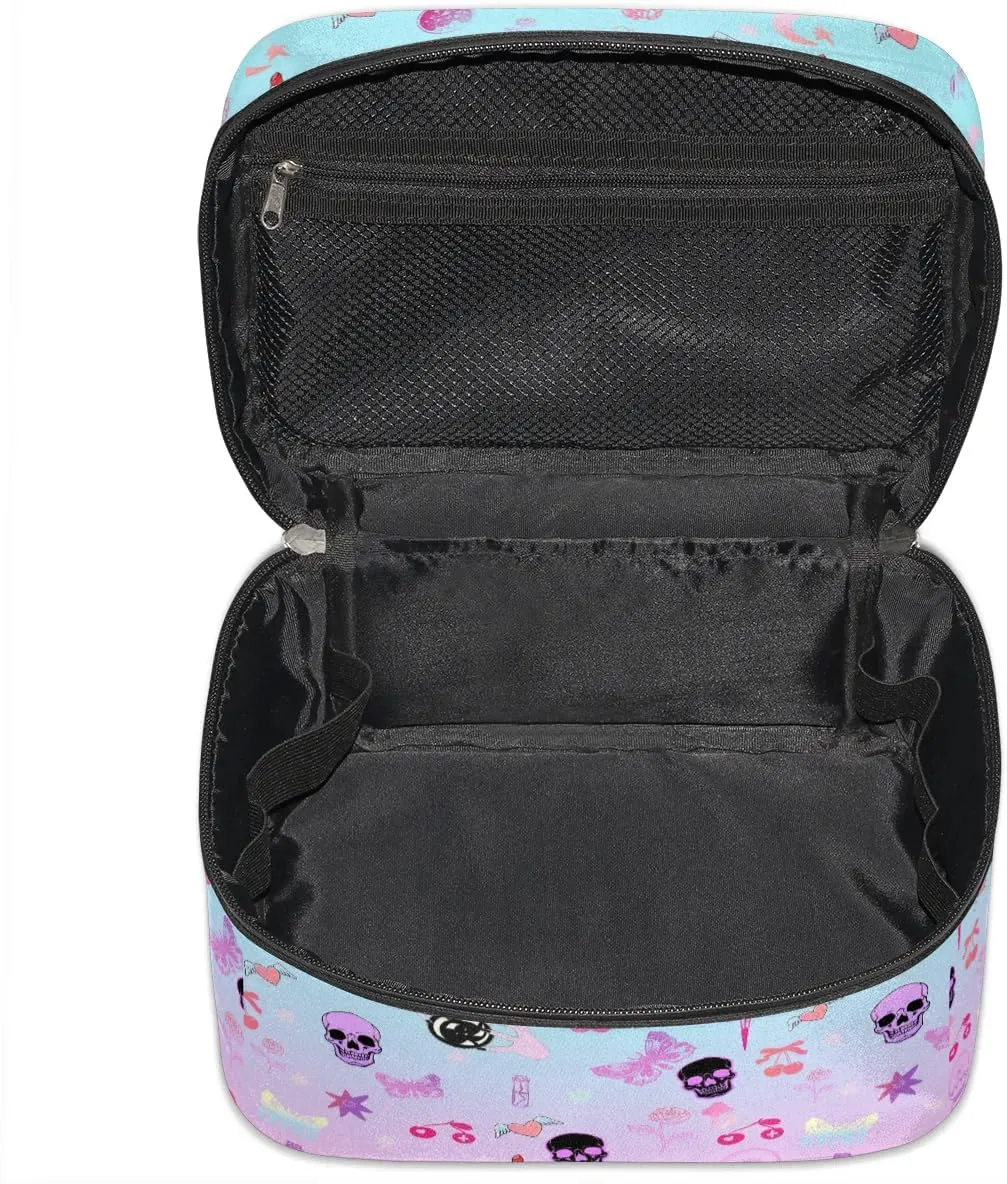 Makeup Travel Bag Organizer Toiletry Bag for Women Portable Cosmetic Storage Case with Handle, Large Capacity Lightweight Toiletries Brush Zipper Bag - Gothic Skull