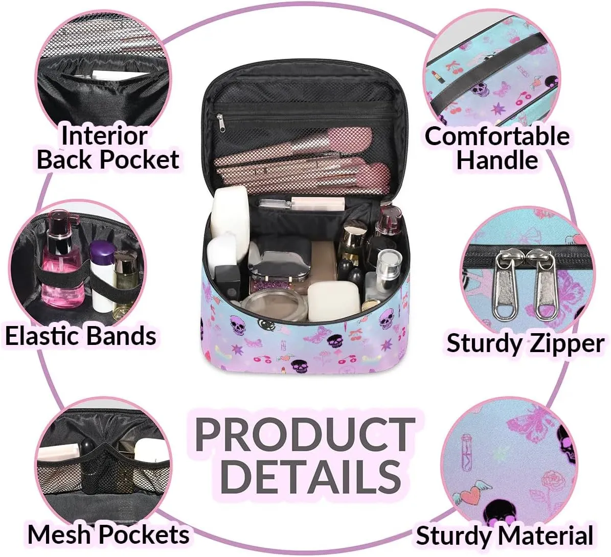 Makeup Travel Bag Organizer Toiletry Bag for Women Portable Cosmetic Storage Case with Handle, Large Capacity Lightweight Toiletries Brush Zipper Bag - Gothic Skull