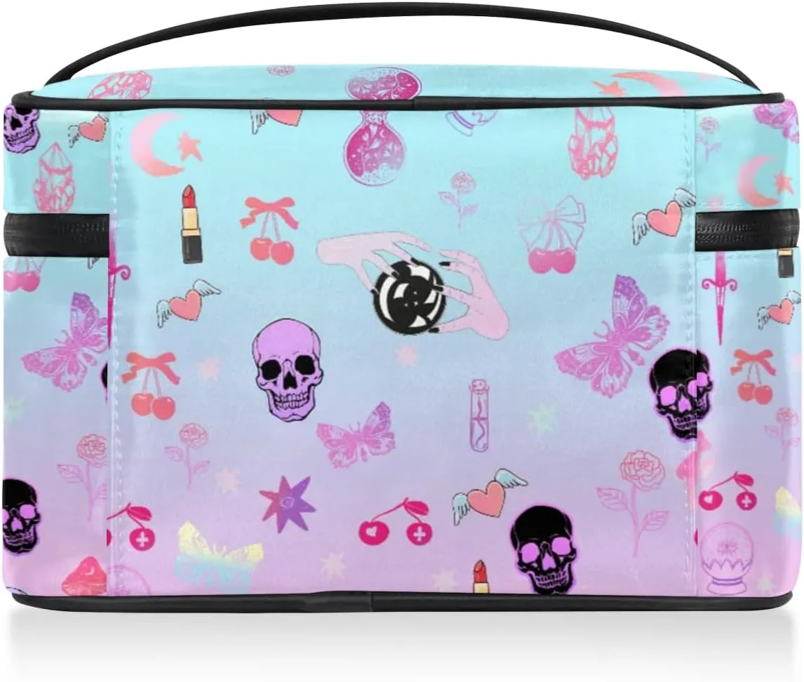 Makeup Travel Bag Organizer Toiletry Bag for Women Portable Cosmetic Storage Case with Handle, Large Capacity Lightweight Toiletries Brush Zipper Bag - Gothic Skull