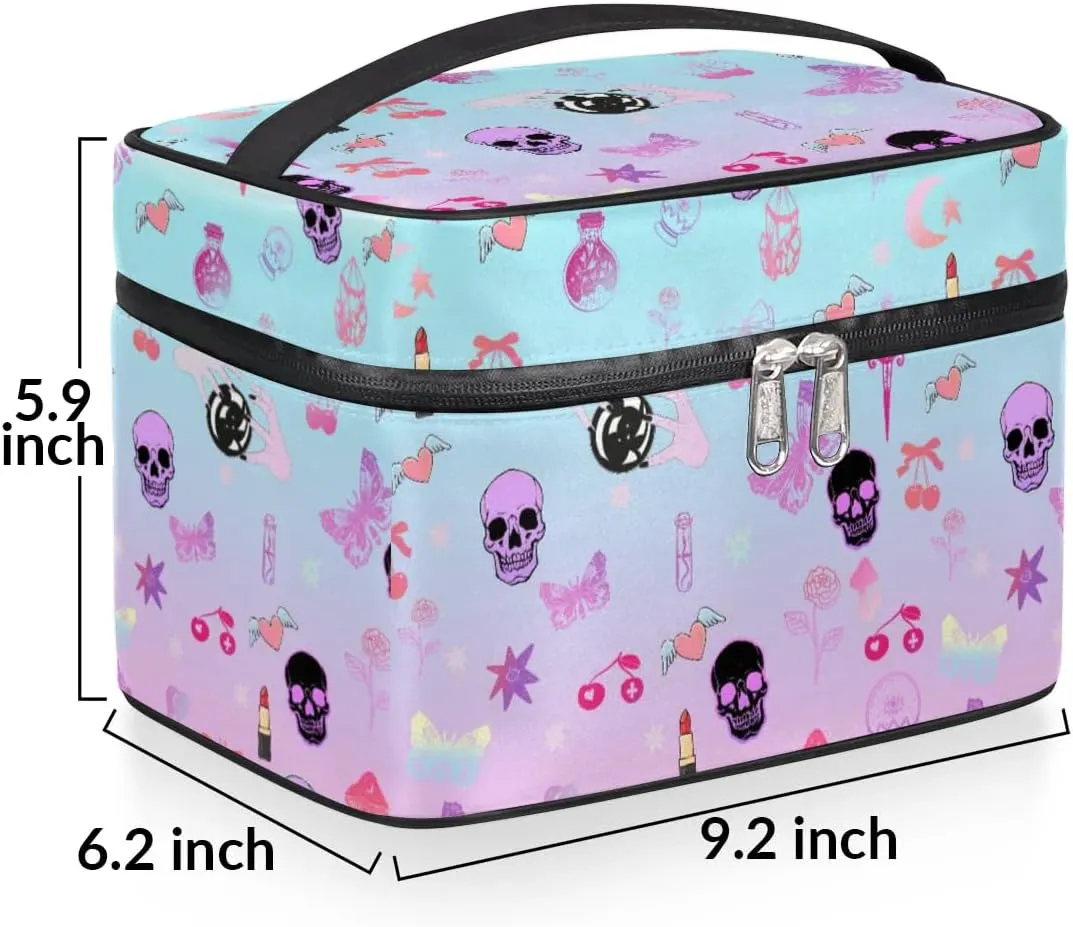 Makeup Travel Bag Organizer Toiletry Bag for Women Portable Cosmetic Storage Case with Handle, Large Capacity Lightweight Toiletries Brush Zipper Bag - Gothic Skull