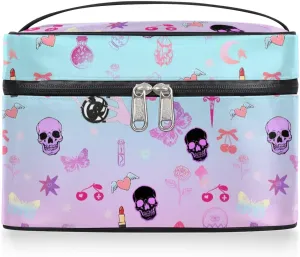 Makeup Travel Bag Organizer Toiletry Bag for Women Portable Cosmetic Storage Case with Handle, Large Capacity Lightweight Toiletries Brush Zipper Bag - Gothic Skull