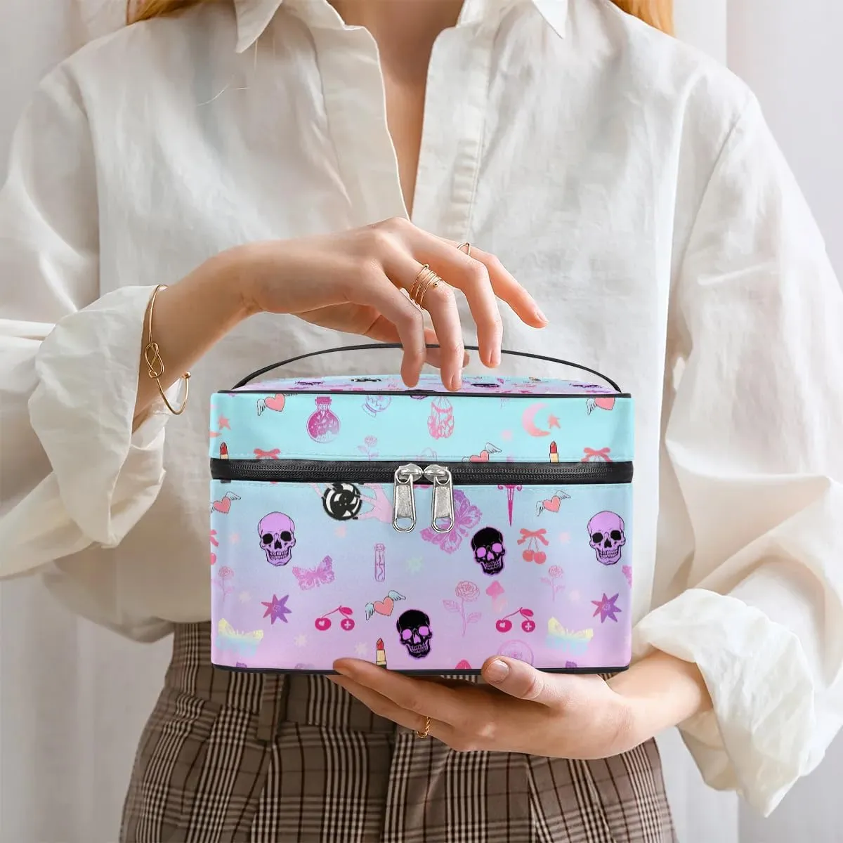 Makeup Travel Bag Organizer Toiletry Bag for Women Portable Cosmetic Storage Case with Handle, Large Capacity Lightweight Toiletries Brush Zipper Bag - Gothic Skull