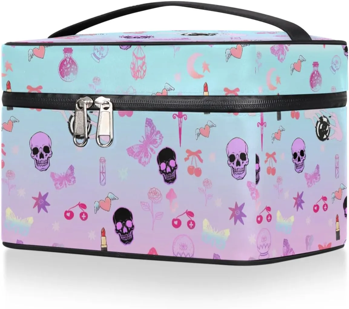 Makeup Travel Bag Organizer Toiletry Bag for Women Portable Cosmetic Storage Case with Handle, Large Capacity Lightweight Toiletries Brush Zipper Bag - Gothic Skull