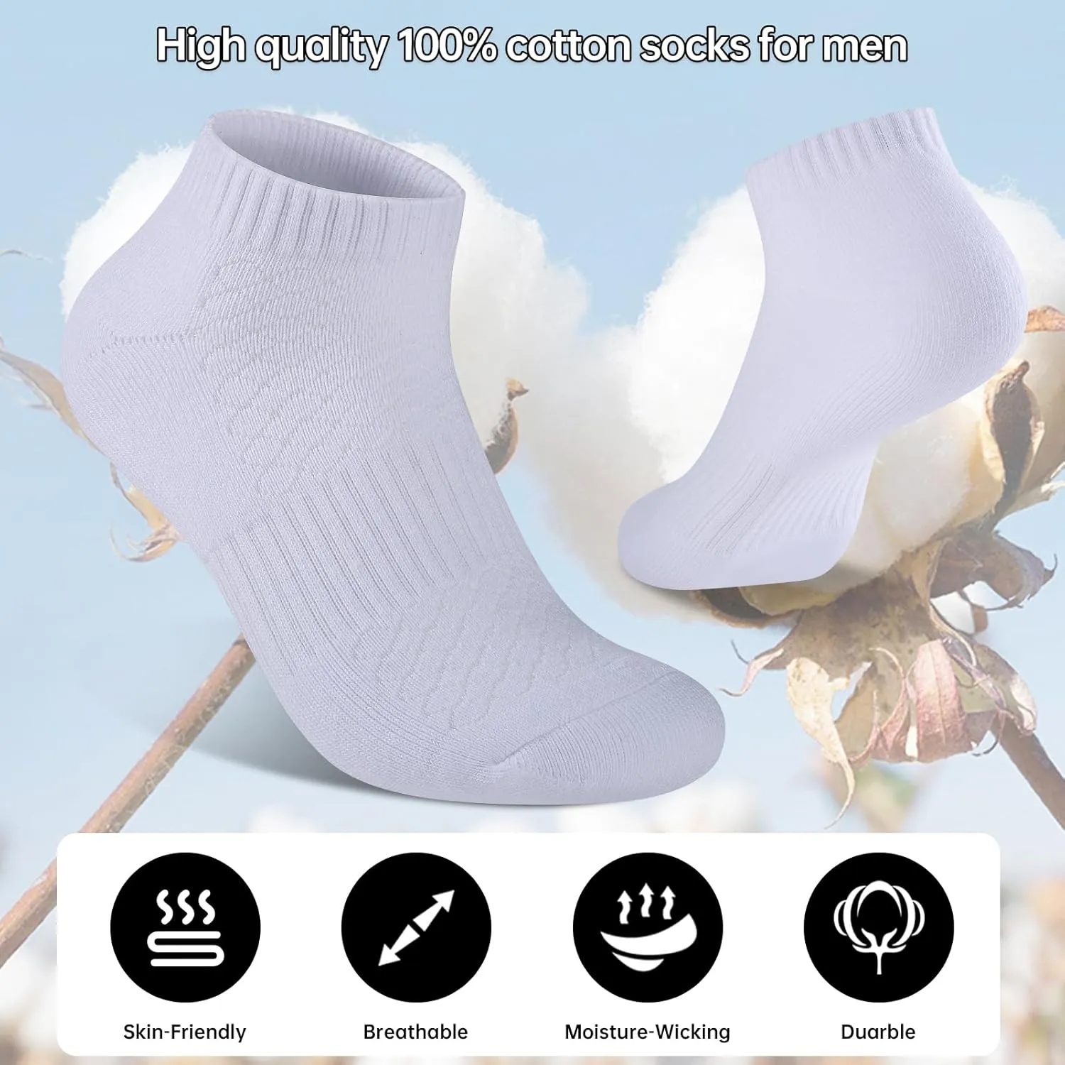 Mens 100% Cotton Cushioned Ankel Socks, Athletic Performance Running Moisture Wicking Breathable socks
