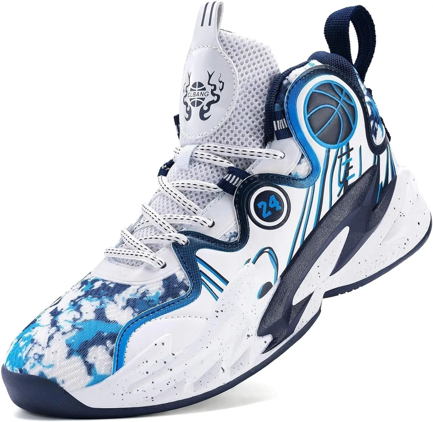 Men's Basketball Shoes High Cut Breathable Non Slip Lightweight Sports Training Boots(White-Blue,5.5)