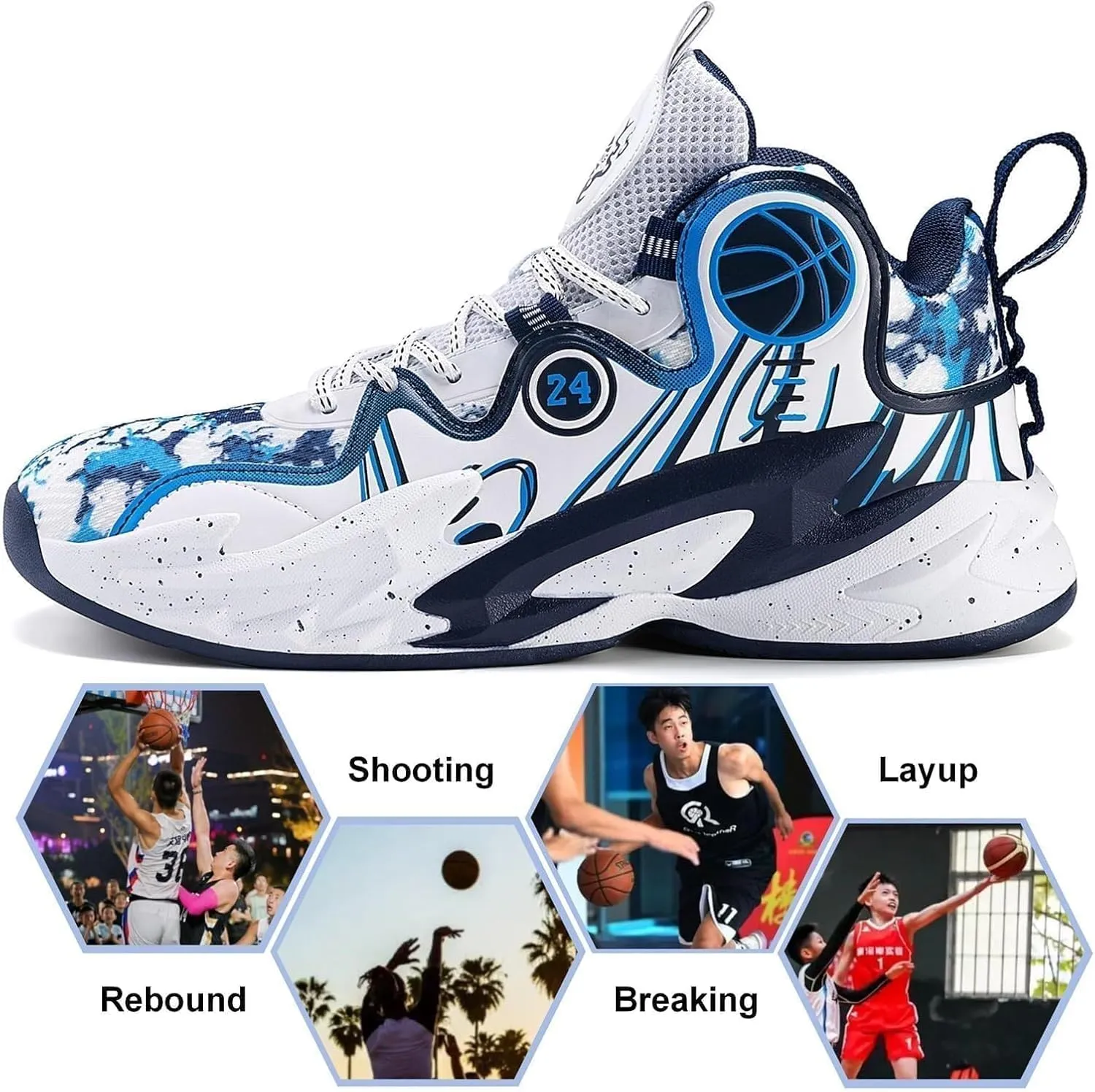 Men's Basketball Shoes High Cut Breathable Non Slip Lightweight Sports Training Boots(White-Blue,5.5)