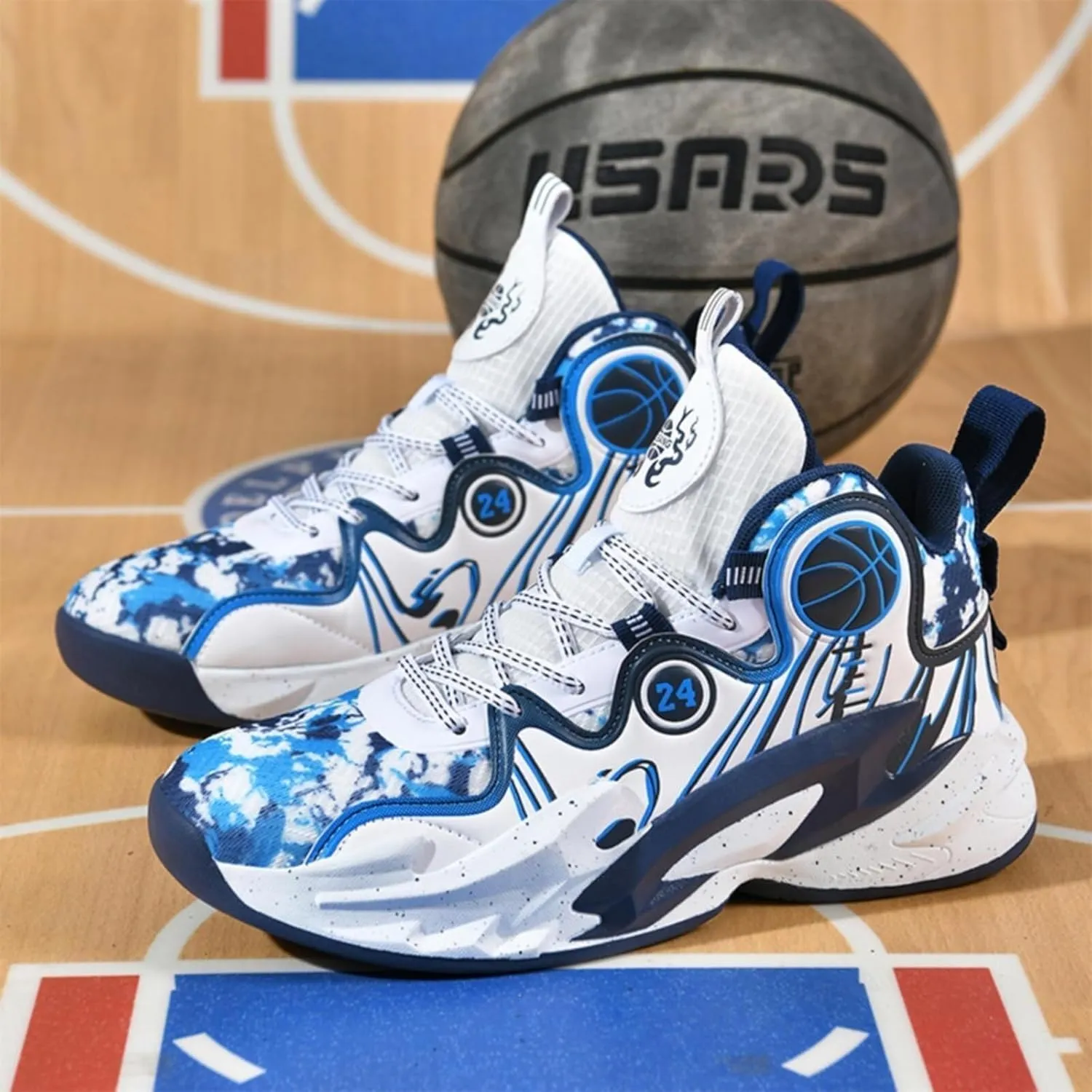 Men's Basketball Shoes High Cut Breathable Non Slip Lightweight Sports Training Boots(White-Blue,5.5)