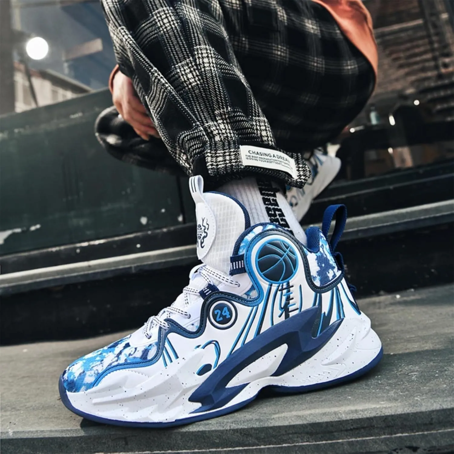 Men's Basketball Shoes High Cut Breathable Non Slip Lightweight Sports Training Boots(White-Blue,5.5)
