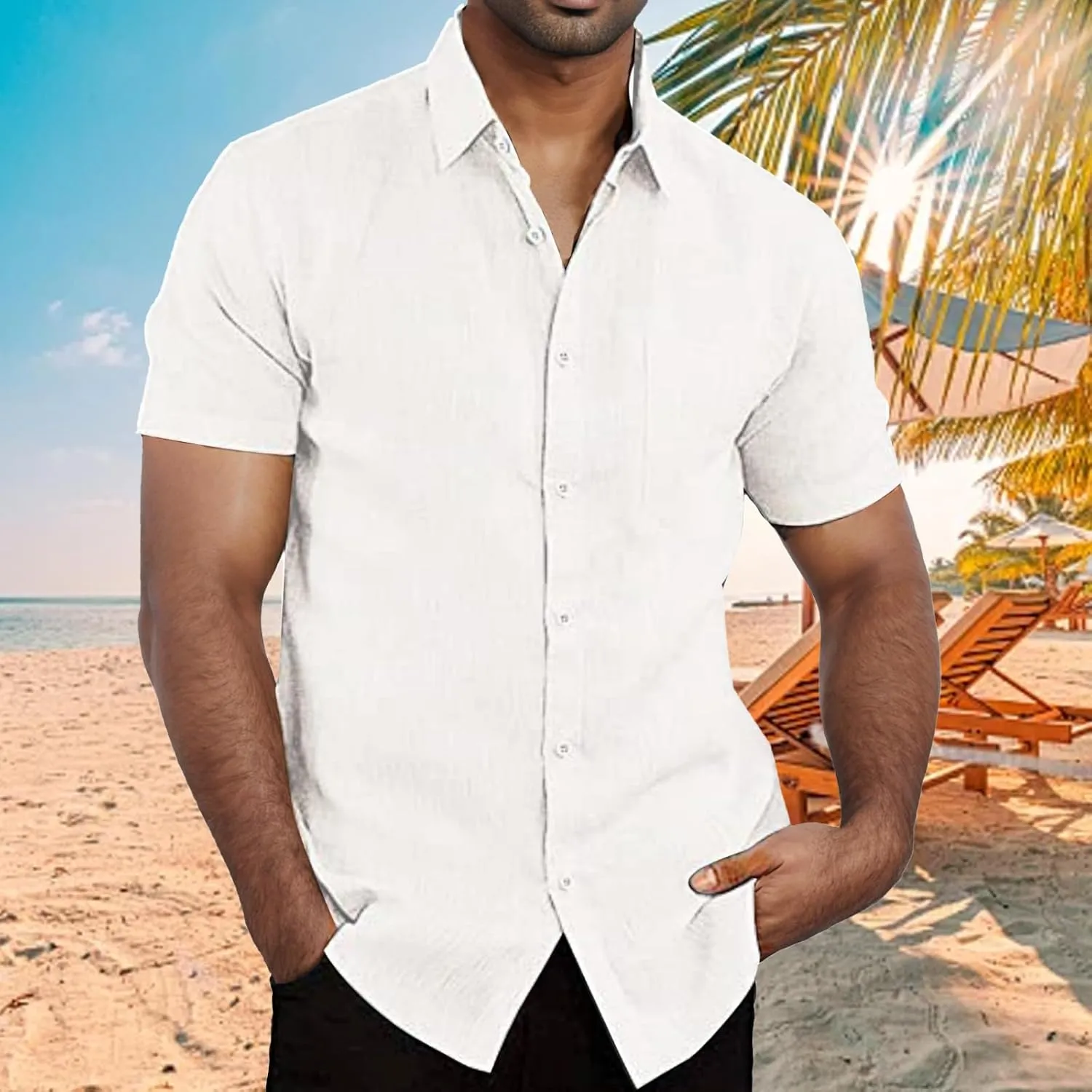 Mens Casual Button Down Shirts Short Sleeve Striped Tee Comfy Lightweight Lapel Collar Formal T-Shirt for Vacation