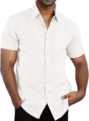 Mens Casual Button Down Shirts Short Sleeve Striped Tee Comfy Lightweight Lapel Collar Formal T-Shirt for Vacation
